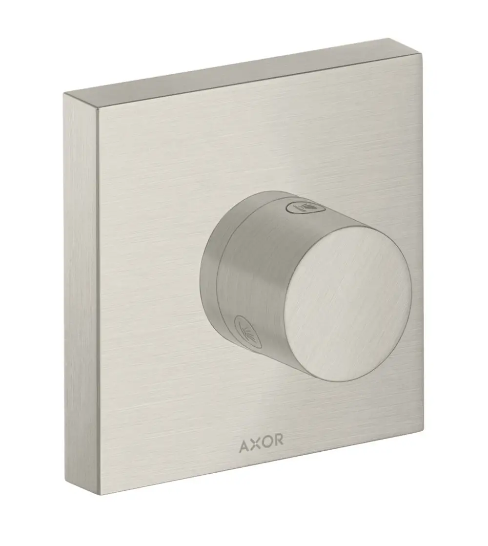 Edelstahl Unterputzventil von AXOR mit rundem Bedienknopf und quadratischer Wandplatte, geeignet für Dusche oder Bad.